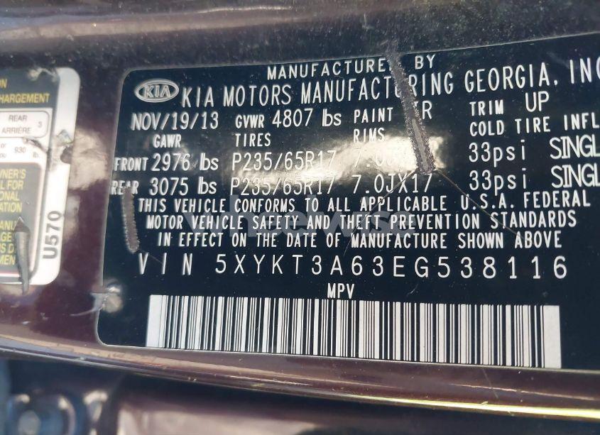 Photo 9 of 2014 Kia Sorento LX (VIN 5XYKT3A63EG538116)