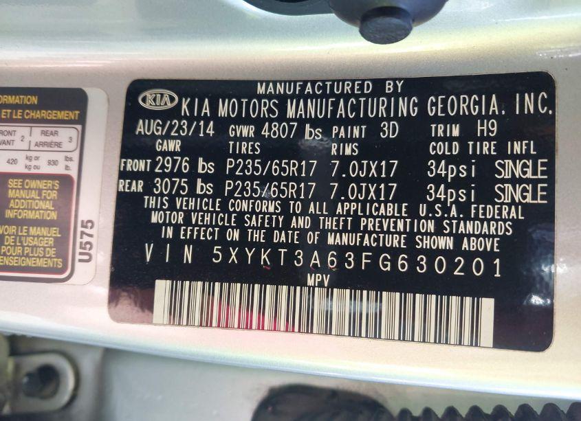 Photo 9 of 2015 Kia Sorento LX (VIN 5XYKT3A63FG630201)