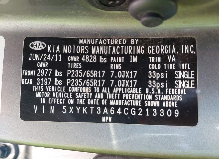 Photo 9 of 2012 Kia Sorento LX (VIN 5XYKT3A64CG213309)