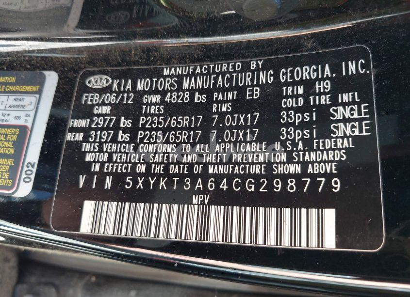 Photo 9 of 2012 Kia Sorento LX (VIN 5XYKT3A64CG298779)