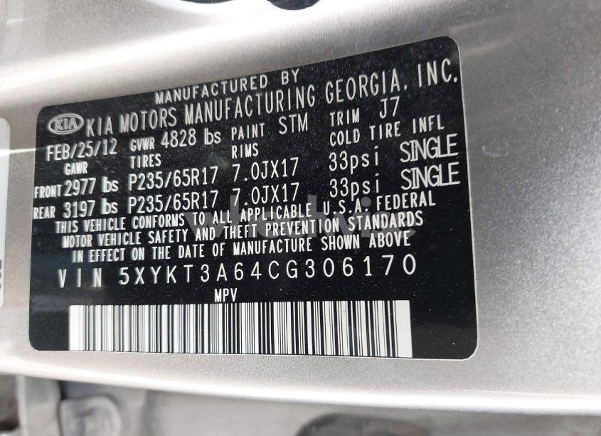 Photo 9 of 2012 Kia Sorento LX (VIN 5XYKT3A64CG306170)