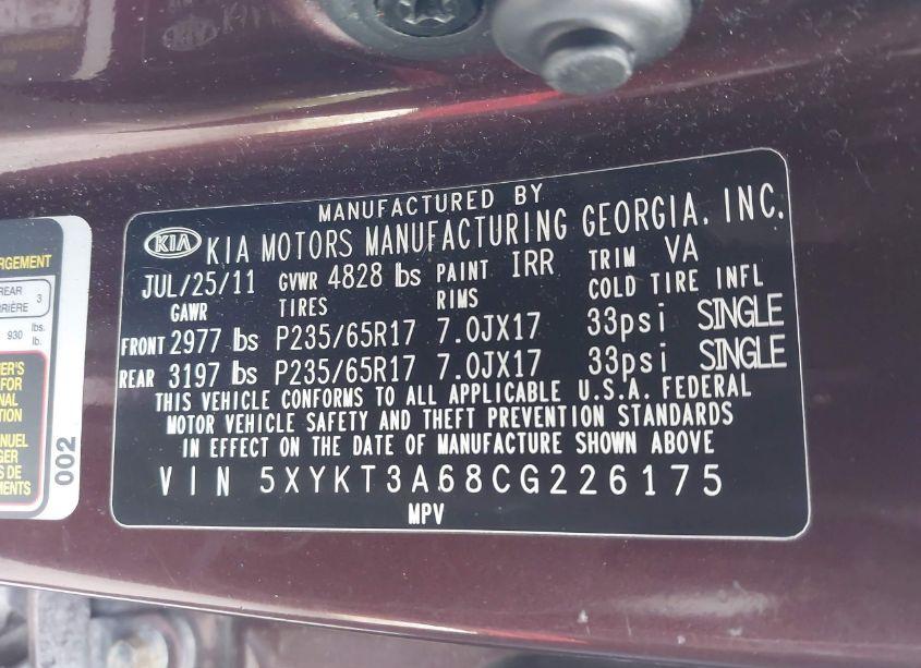 Photo 9 of 2012 Kia Sorento LX (VIN 5XYKT3A68CG226175)