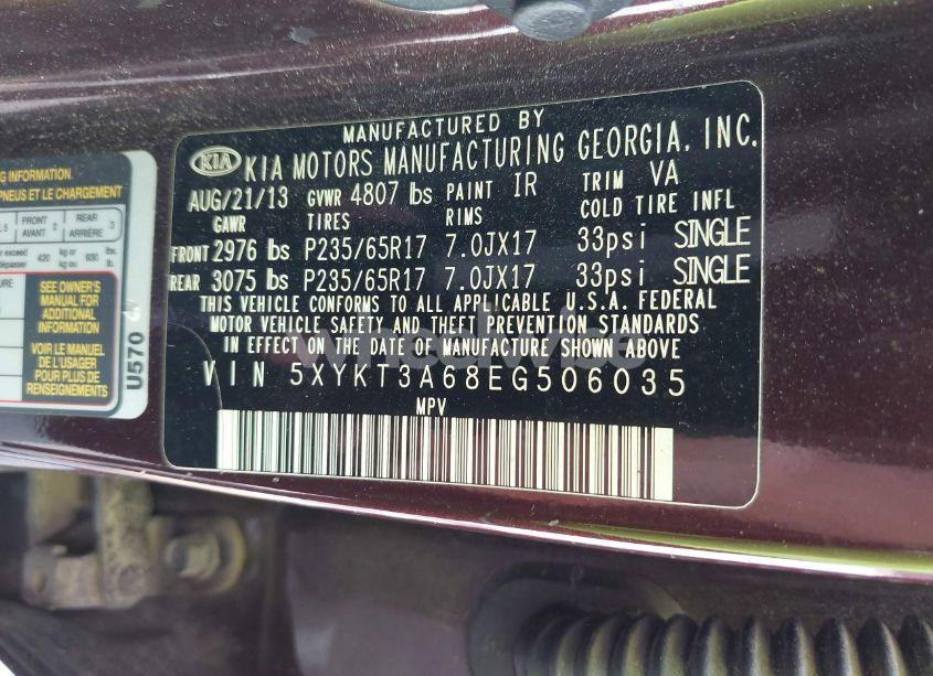 Photo 9 of 2014 Kia Sorento LX (VIN 5XYKT3A68EG506035)