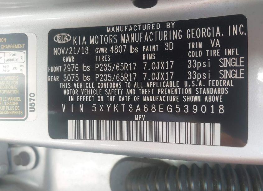 Photo 9 of 2014 Kia Sorento LX (VIN 5XYKT3A68EG539018)