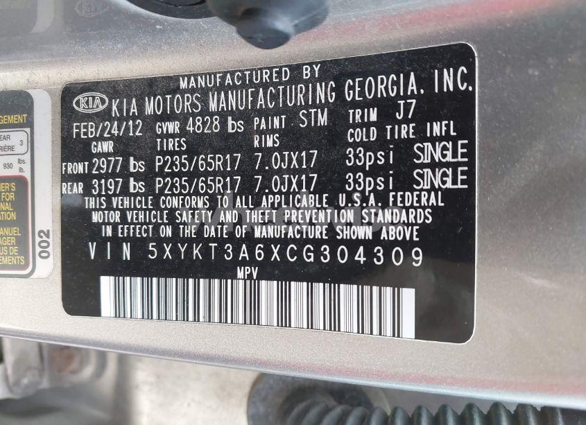 Photo 9 of 2012 Kia Sorento LX (VIN 5XYKT3A6XCG304309)