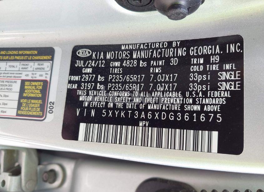 Photo 9 of 2013 Kia Sorento LX (VIN 5XYKT3A6XDG361675)