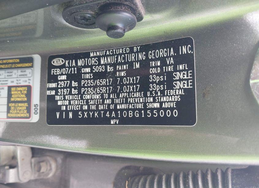 Photo 9 of 2011 Kia Sorento LX (VIN 5XYKT4A10BG155000)