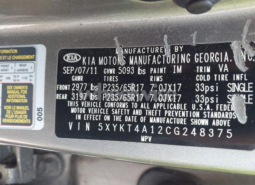 Photo 9 of 2012 Kia Sorento LX (VIN 5XYKT4A12CG248375)