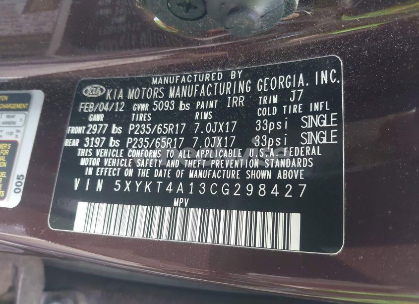 Photo 9 of 2012 Kia Sorento LX (VIN 5XYKT4A13CG298427)