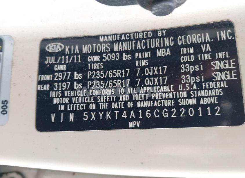 Photo 9 of 2012 Kia Sorento LX (VIN 5XYKT4A16CG220112)