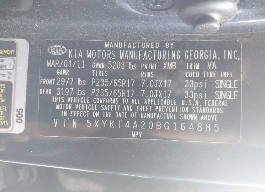 Photo 9 of 2011 Kia Sorento LX V6 (VIN 5XYKT4A20BG164885)