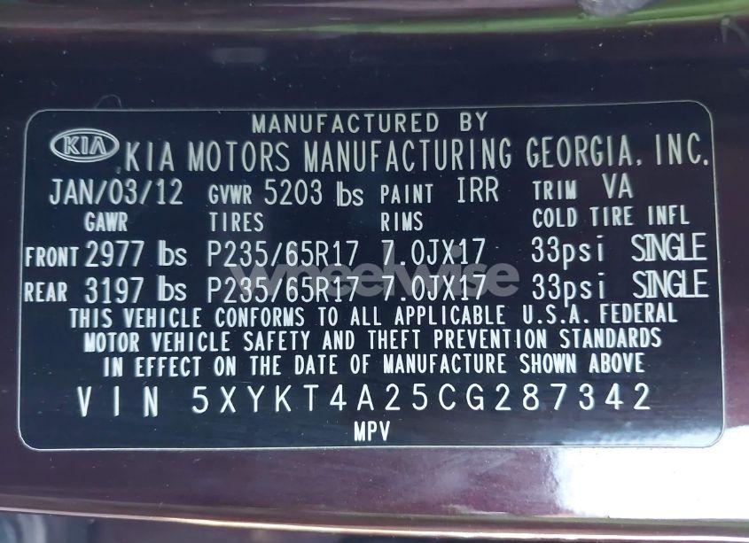 Photo 9 of 2012 Kia Sorento LX V6 (VIN 5XYKT4A25CG287342)