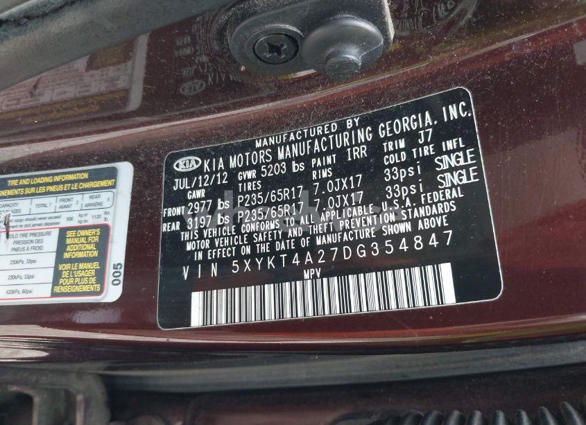 Photo 9 of 2013 Kia Sorento LX V6 (VIN 5XYKT4A27DG354847)