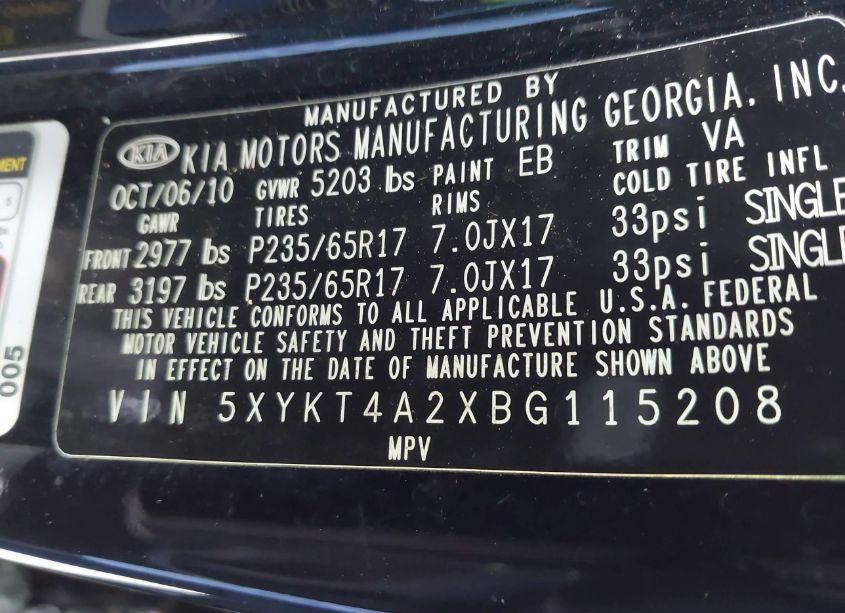 Photo 9 of 2011 Kia Sorento LX V6 (VIN 5XYKT4A2XBG115208)