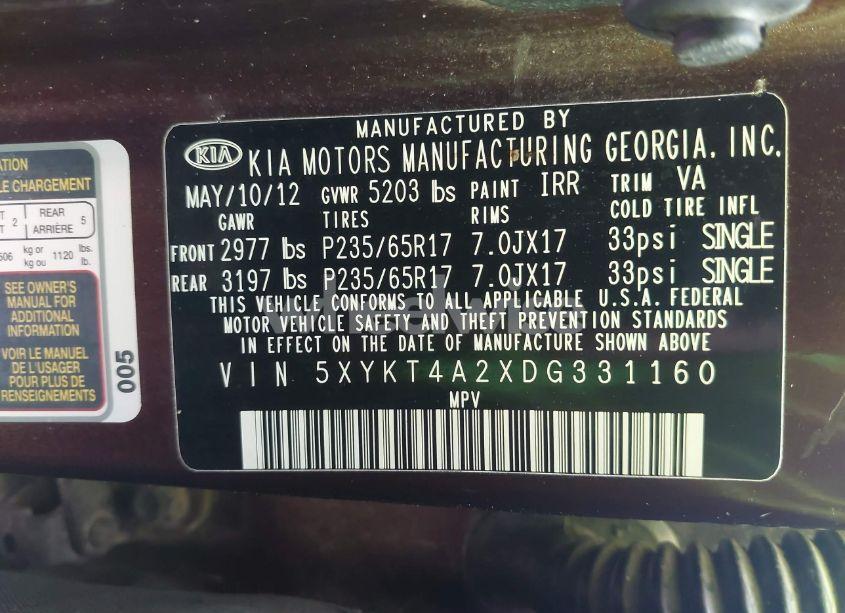 Photo 9 of 2013 Kia Sorento LX V6 (VIN 5XYKT4A2XDG331160)