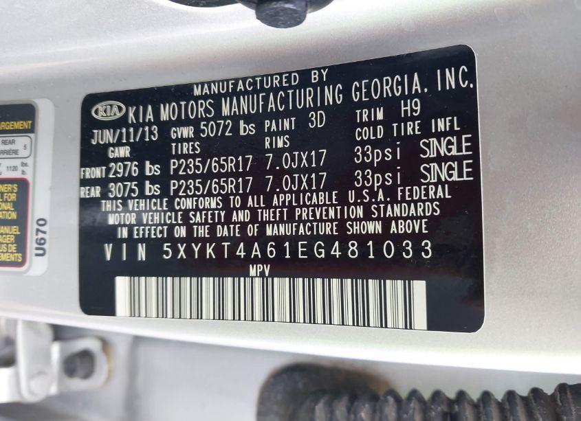 Photo 9 of 2014 Kia Sorento LX (VIN 5XYKT4A61EG481033)