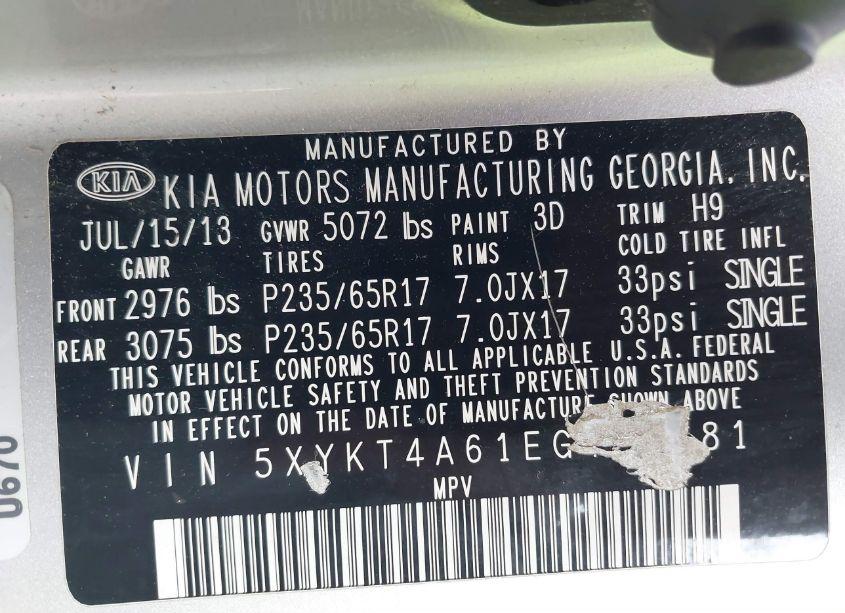 Photo 9 of 2014 Kia Sorento LX (VIN 5XYKT4A61EG491481)