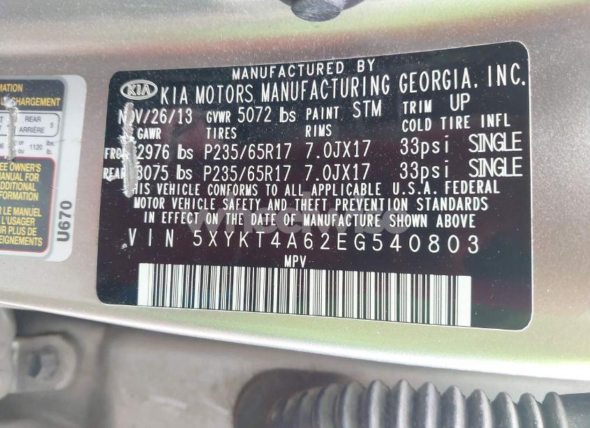 Photo 9 of 2014 Kia Sorento LX (VIN 5XYKT4A62EG540803)