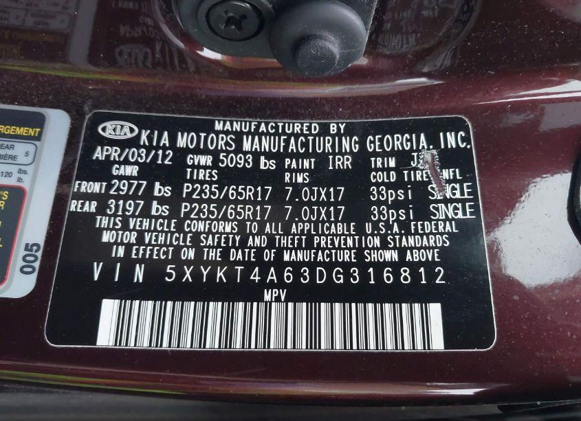 Photo 9 of 2013 Kia Sorento LX (VIN 5XYKT4A63DG316812)