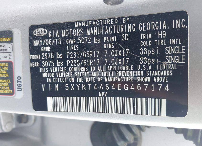 Photo 9 of 2014 Kia Sorento LX (VIN 5XYKT4A64EG467174)
