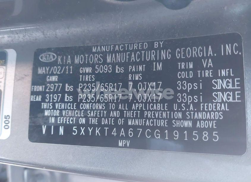 Photo 9 of 2012 Kia Sorento LX (VIN 5XYKT4A67CG191585)