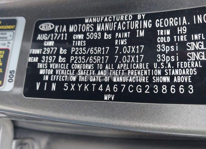 Photo 9 of 2012 Kia Sorento LX (VIN 5XYKT4A67CG238663)