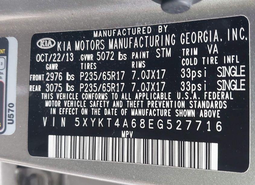 Photo 9 of 2014 Kia Sorento LX (VIN 5XYKT4A68EG527716)