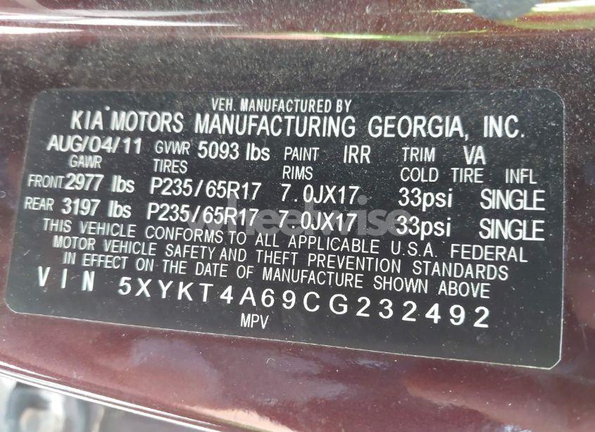 Photo 9 of 2012 Kia Sorento LX (VIN 5XYKT4A69CG232492)