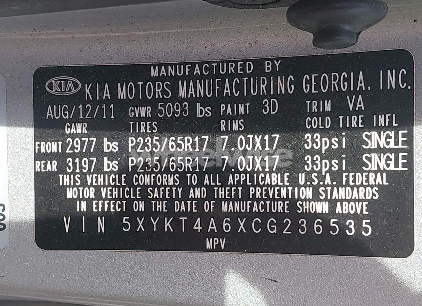 Photo 9 of 2012 Kia Sorento LX (VIN 5XYKT4A6XCG236535)