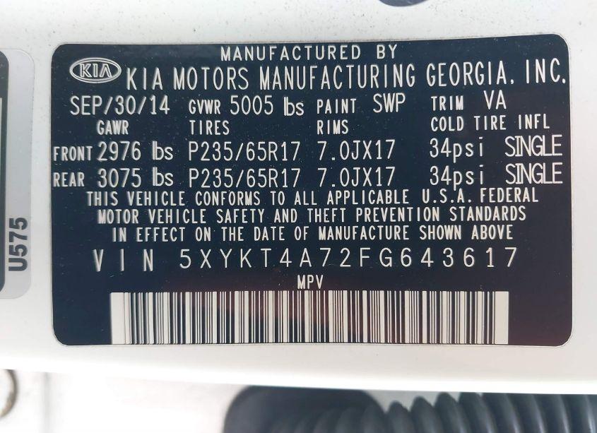 Photo 9 of 2015 Kia Sorento LX V6 (VIN 5XYKT4A72FG643617)