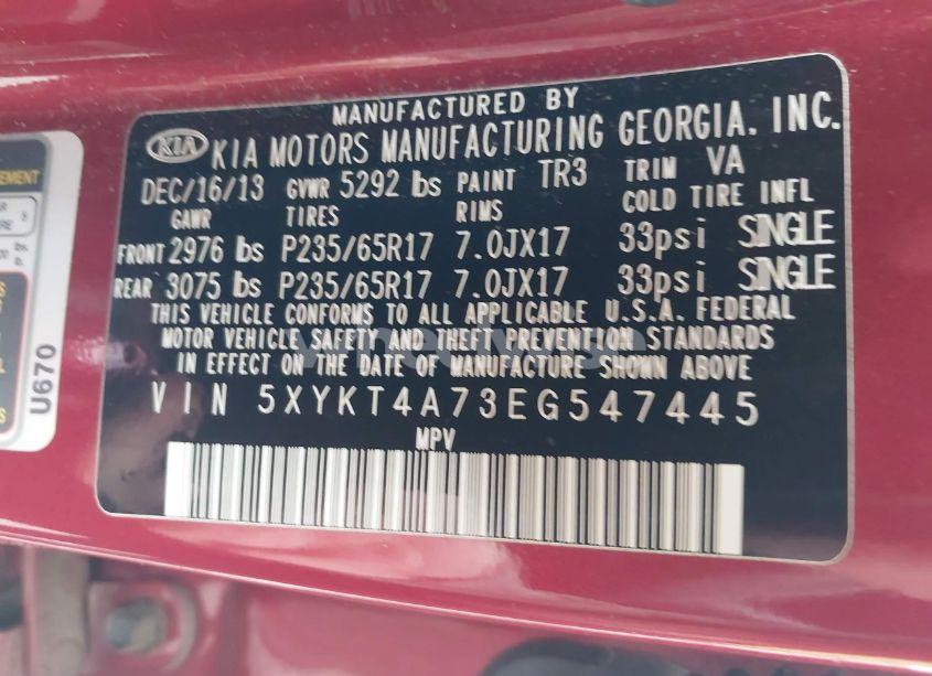 Photo 9 of 2014 Kia Sorento LX V6 (VIN 5XYKT4A73EG547445)