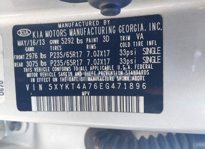 Photo 9 of 2014 Kia Sorento LX V6 (VIN 5XYKT4A76EG471896)