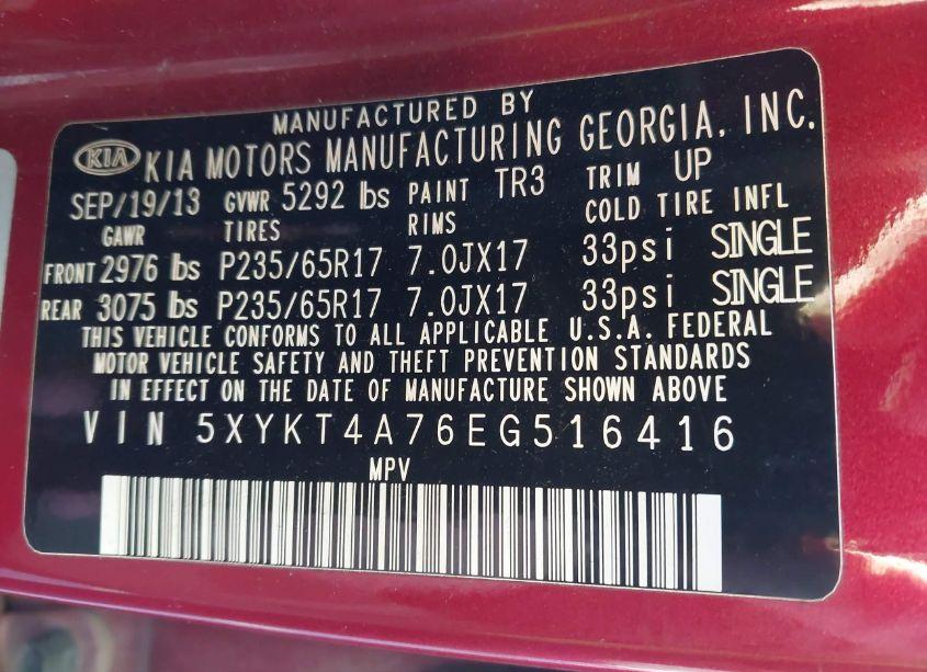 Photo 9 of 2014 Kia Sorento LX V6 (VIN 5XYKT4A76EG516416)