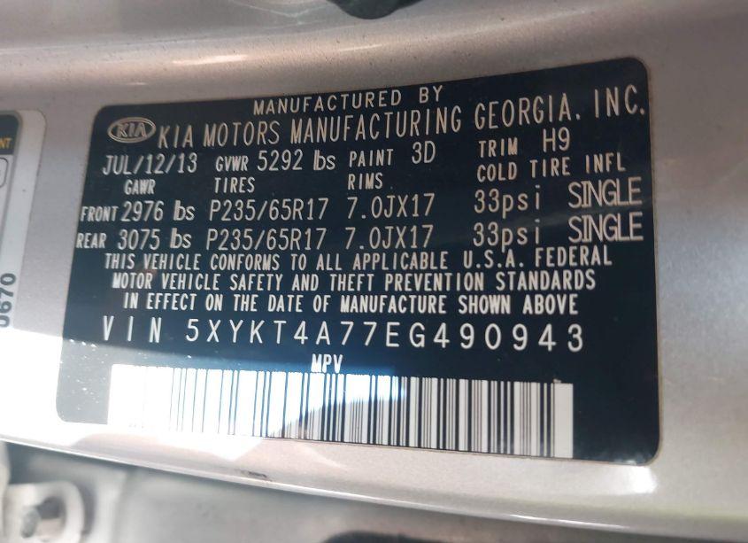 Photo 9 of 2014 Kia Sorento LX V6 (VIN 5XYKT4A77EG490943)