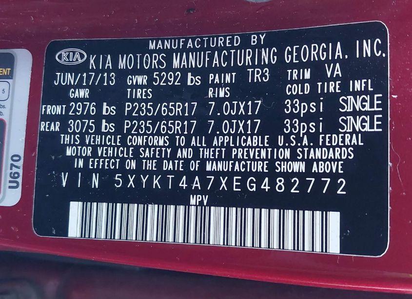 Photo 9 of 2014 Kia Sorento LX V6 (VIN 5XYKT4A7XEG482772)