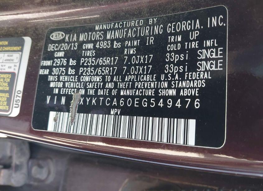 Photo 9 of 2014 Kia Sorento LX (VIN 5XYKTCA60EG549476)