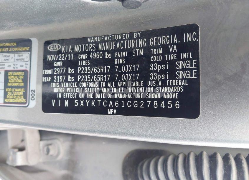 Photo 9 of 2012 Kia Sorento LX (VIN 5XYKTCA61CG278456)