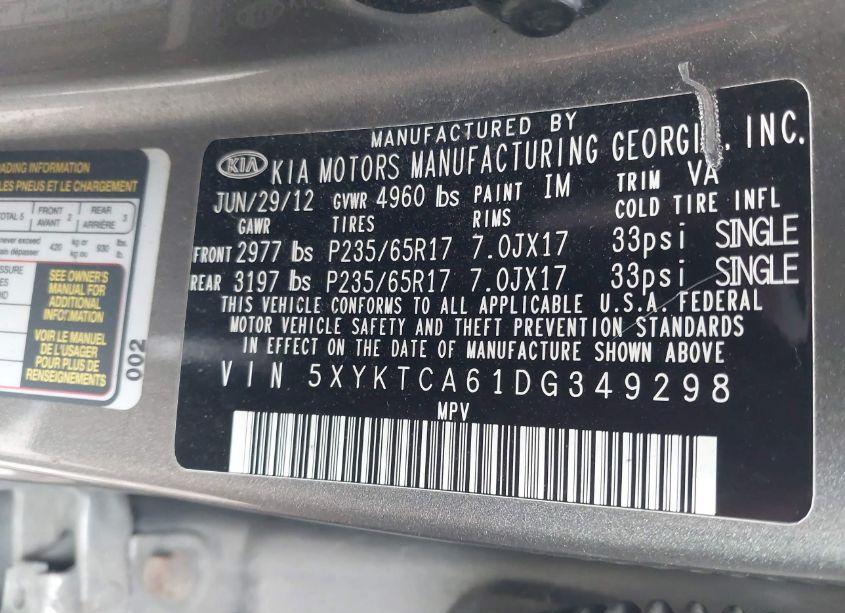 Photo 9 of 2013 Kia Sorento LX (VIN 5XYKTCA61DG349298)