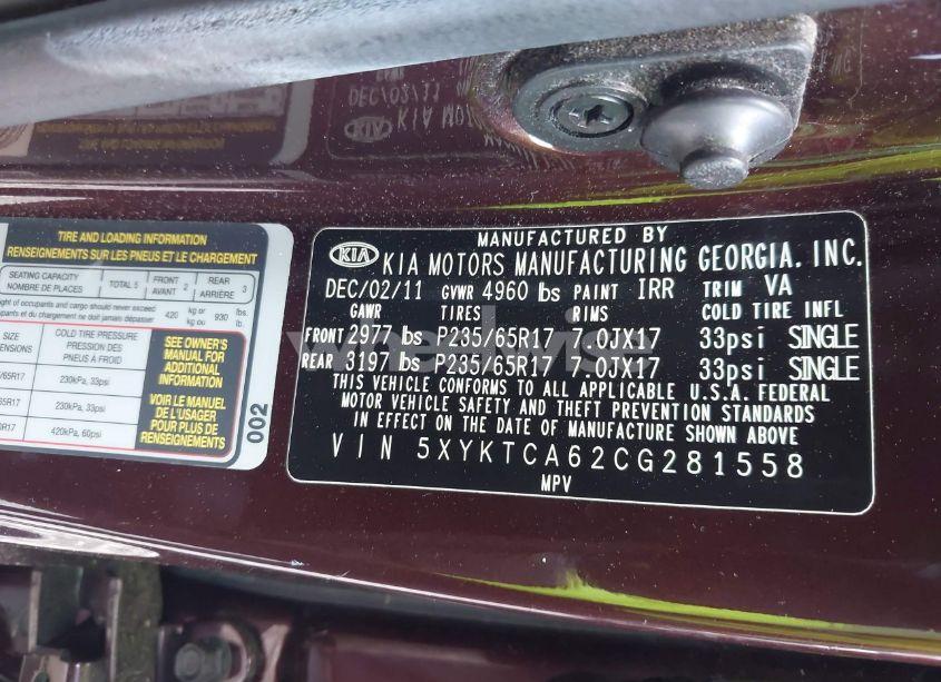 Photo 9 of 2012 Kia Sorento LX (VIN 5XYKTCA62CG281558)