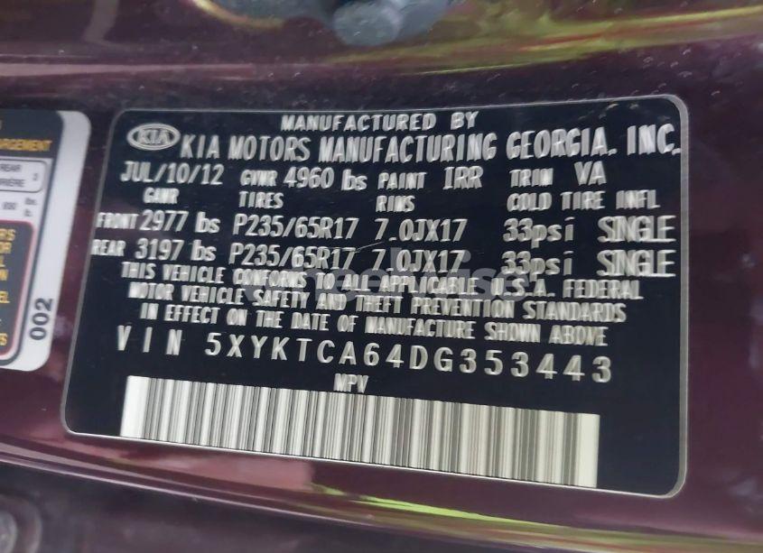 Photo 9 of 2013 Kia Sorento LX (VIN 5XYKTCA64DG353443)