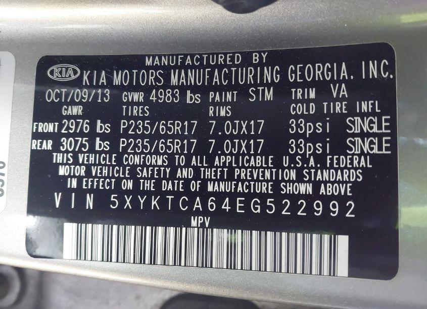 Photo 9 of 2014 Kia Sorento LX (VIN 5XYKTCA64EG522992)