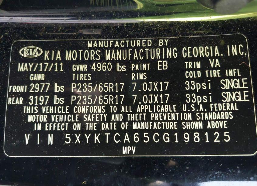 Photo 9 of 2012 Kia Sorento LX (VIN 5XYKTCA65CG198125)