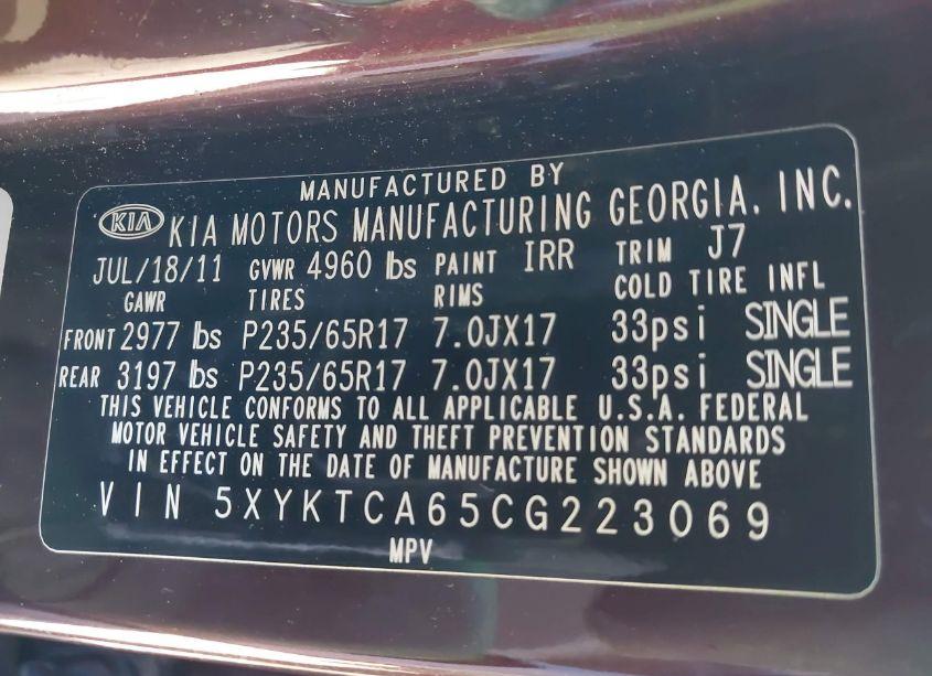 Photo 9 of 2012 Kia Sorento LX (VIN 5XYKTCA65CG223069)