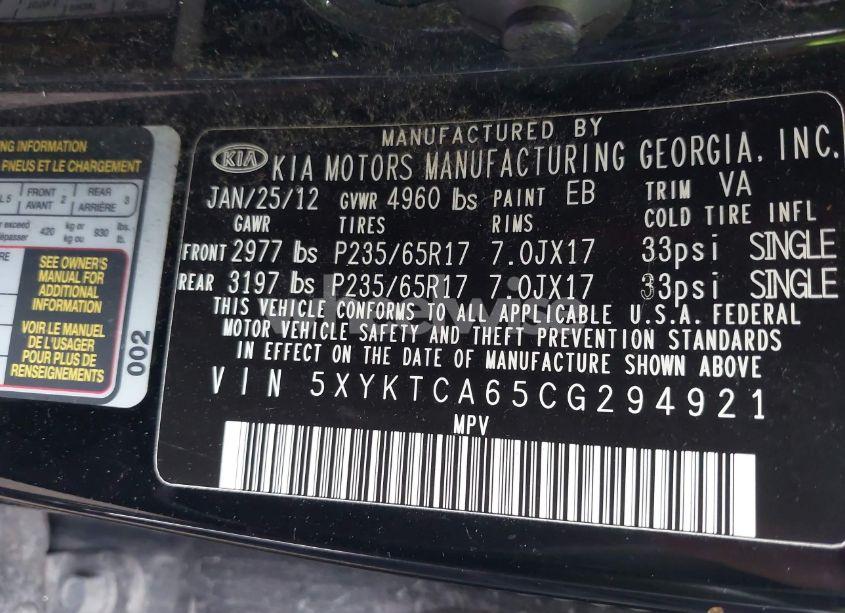 Photo 9 of 2012 Kia Sorento LX (VIN 5XYKTCA65CG294921)