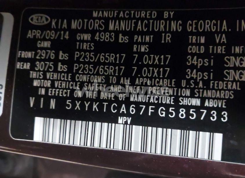 Photo 9 of 2015 Kia Sorento LX (VIN 5XYKTCA67FG585733)