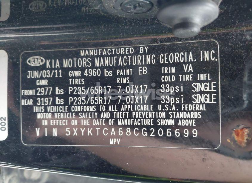 Photo 9 of 2012 Kia Sorento LX (VIN 5XYKTCA68CG206699)