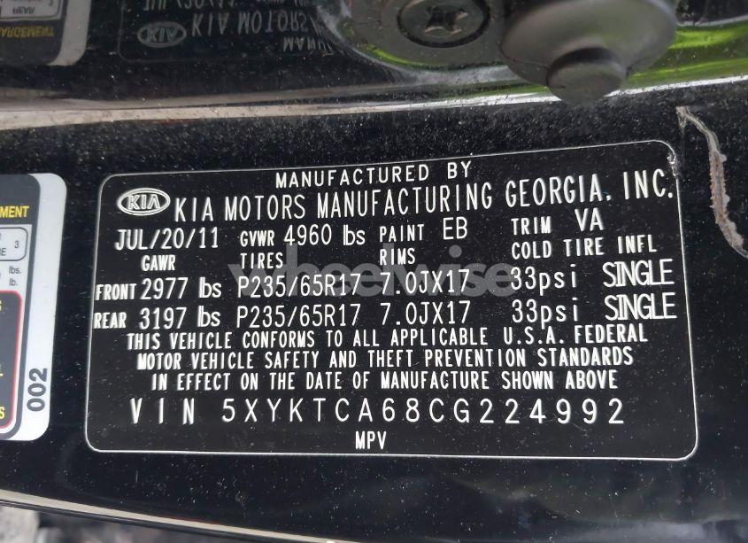 Photo 9 of 2012 Kia Sorento LX (VIN 5XYKTCA68CG224992)