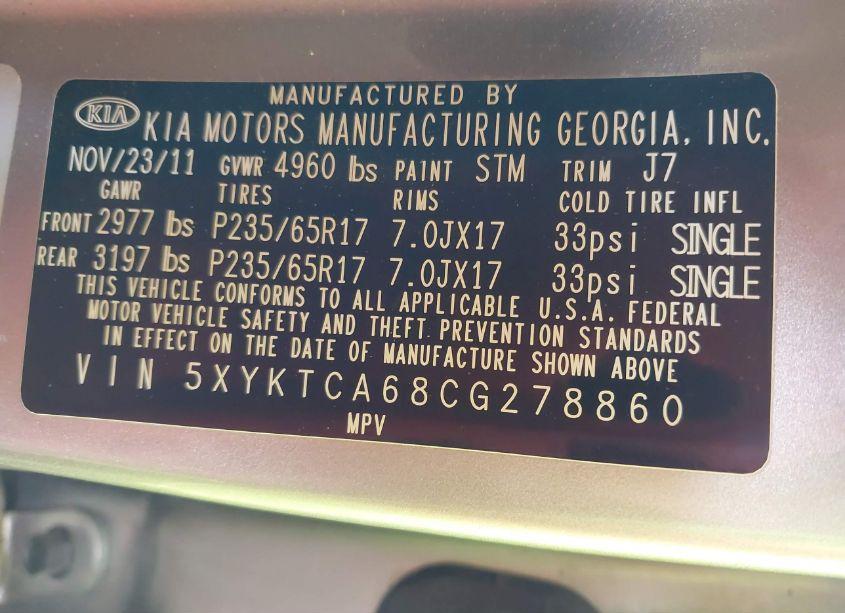 Photo 9 of 2012 Kia Sorento LX (VIN 5XYKTCA68CG278860)