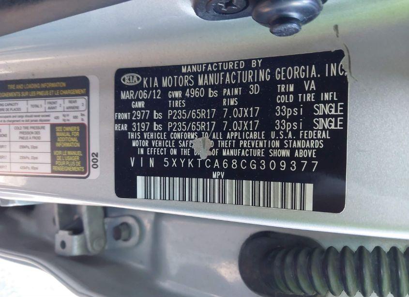 Photo 9 of 2012 Kia Sorento LX (VIN 5XYKTCA68CG309377)