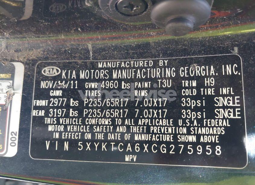 Photo 9 of 2012 Kia Sorento LX (VIN 5XYKTCA6XCG275958)